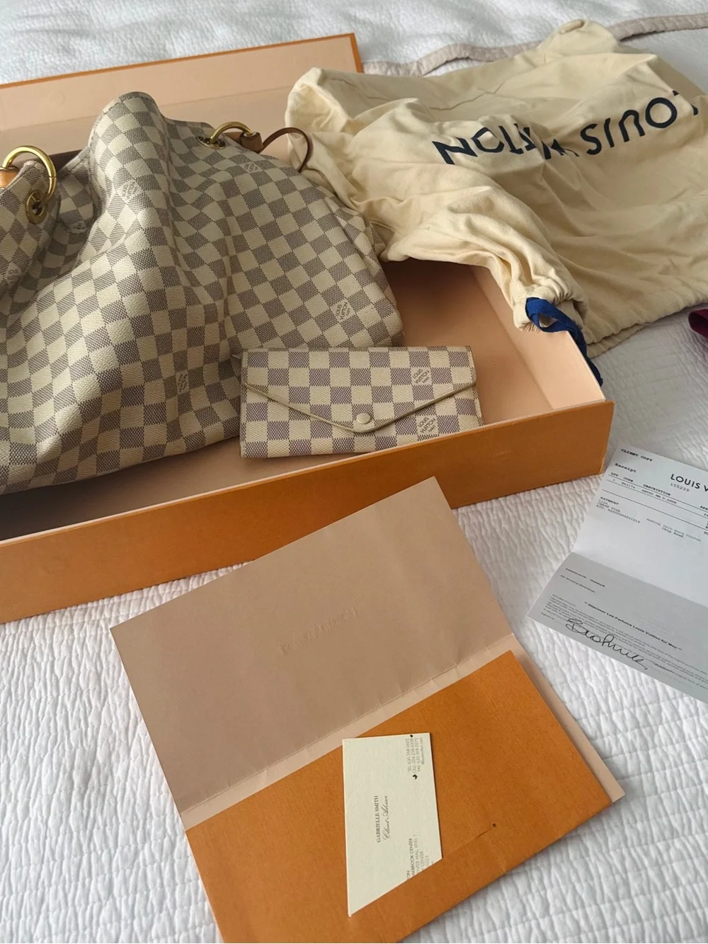 Louis Vuitton Damier Azur Hobo Shoulder Bag with Tan Leather Trim